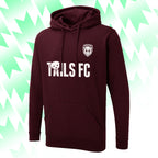 Maroon hoodie with 'TAILS FC' text and logo on a green and white abstract background
