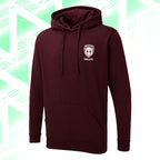 Tails FC Maroon hoodie with a logo on a green and white geometric patterned background