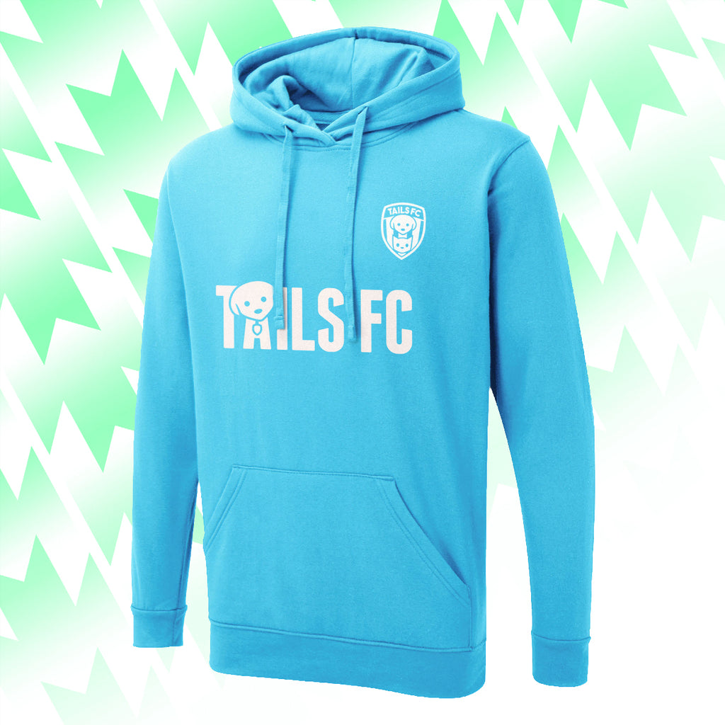 Blue hoodie with 'TAILS FC' text on a green and white patterned background