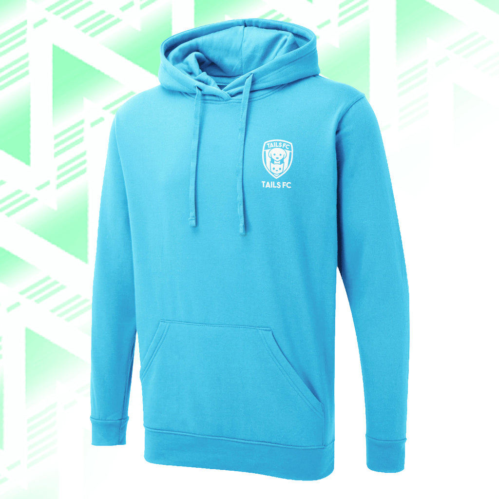 Tails FC Blue hoodie with a logo on a green and white geometric patterned background