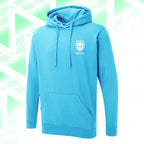 Tails FC Blue hoodie with a logo on a green and white geometric patterned background