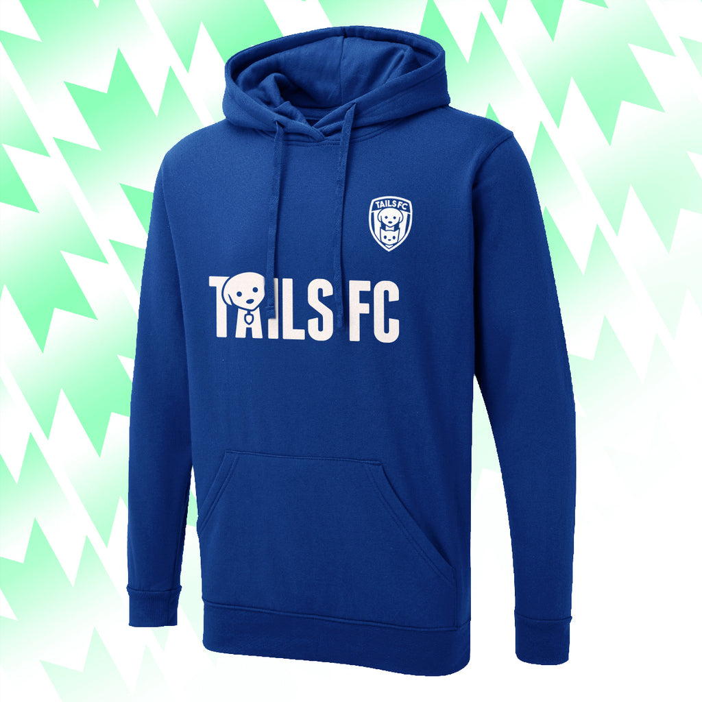 Blue hoodie with 'TAILS FC' text and logo on a green and white patterned background