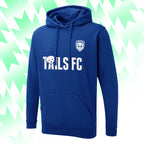 Blue hoodie with 'TAILS FC' text and logo on a green and white patterned background