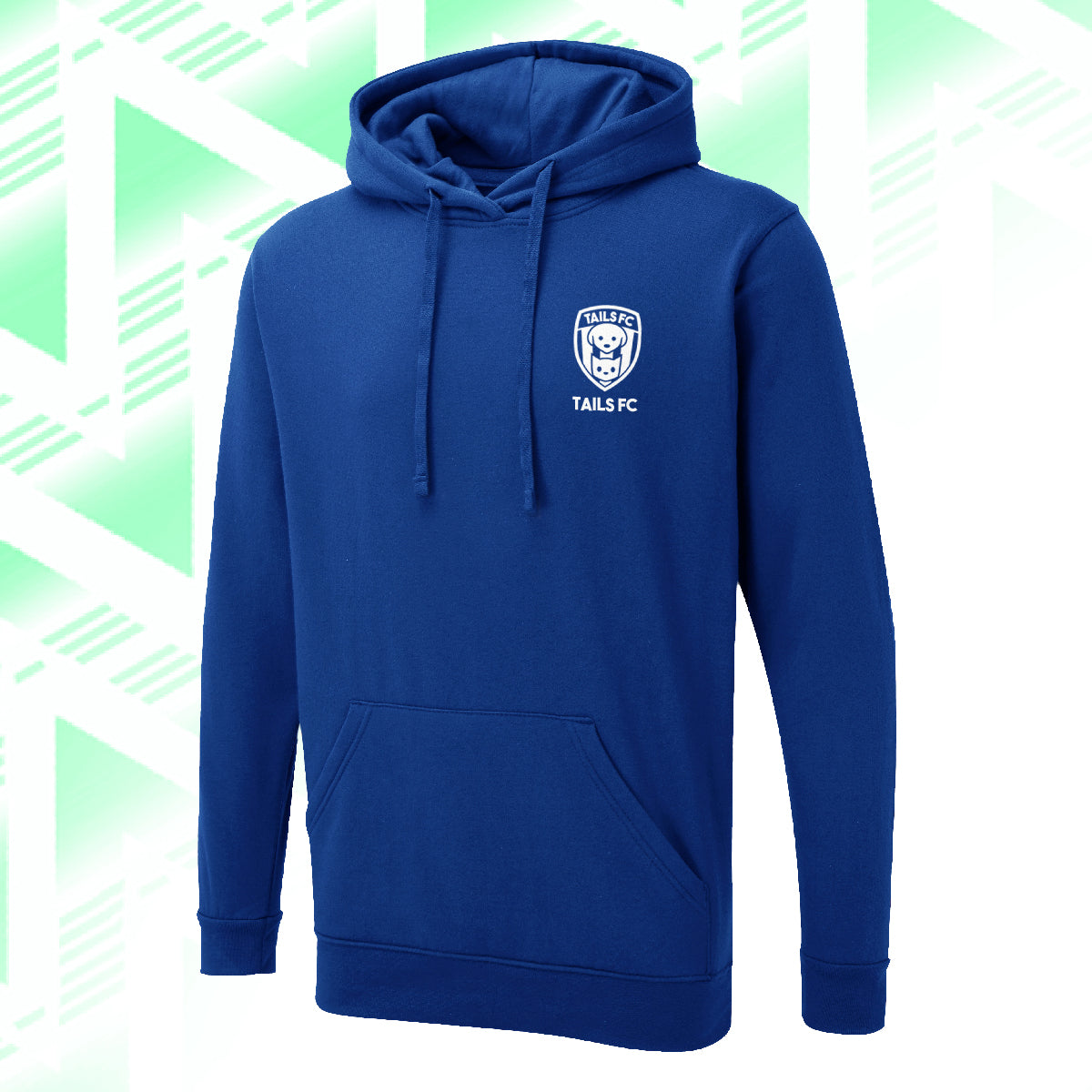 Tails FC Blue hoodie with a logo on a white background