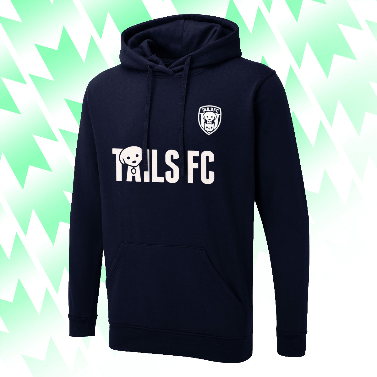 Navy Blue hoodie with 'TAILS FC' text and logo on a green and white abstract background