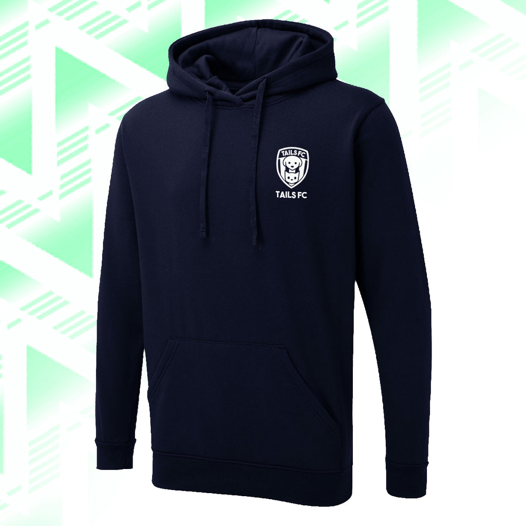 Tails FC Navy blue hoodie with a logo on a light green and white geometric patterned background