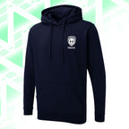 Tails FC Navy blue hoodie with a logo on a light green and white geometric patterned background