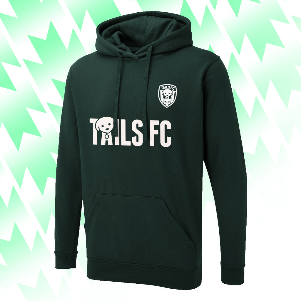 Green hoodie with 'TAILS FC' text and logo on a green and white abstract pattern background