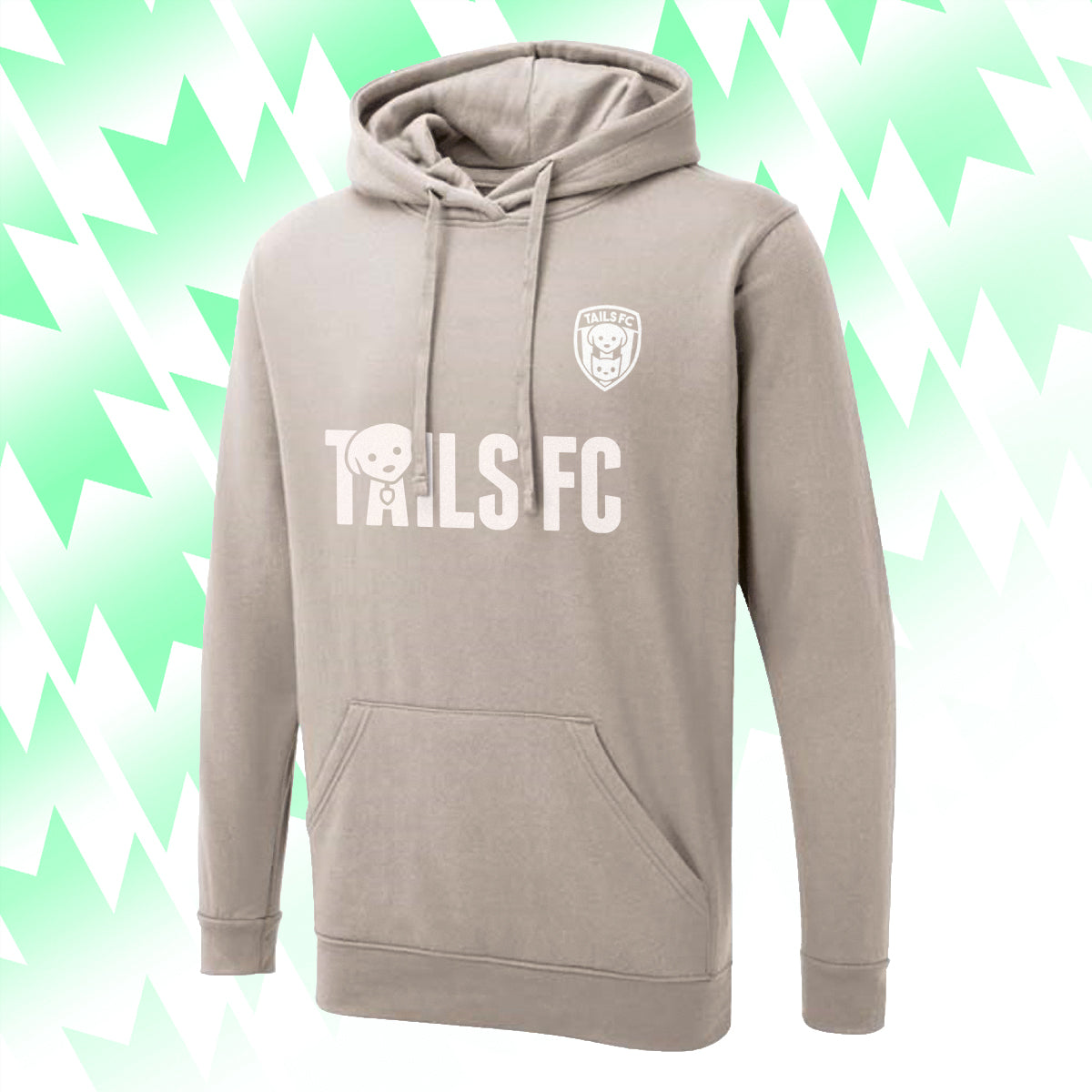 Tails FC Beige hoodie with 'Tails FC' text and logo on a green and white abstract background