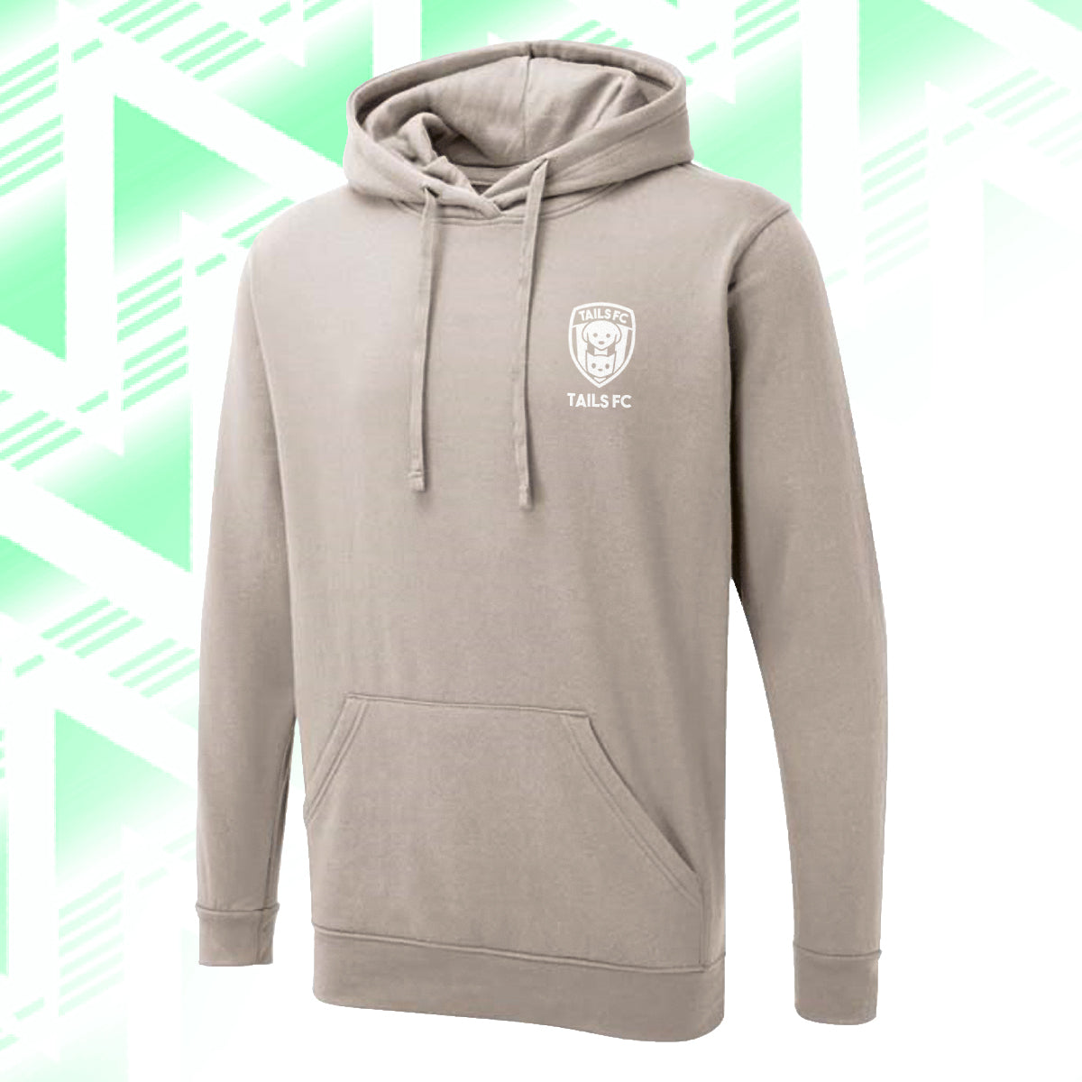 Tails FC Beige hoodie with a logo on a green and white geometric patterned background