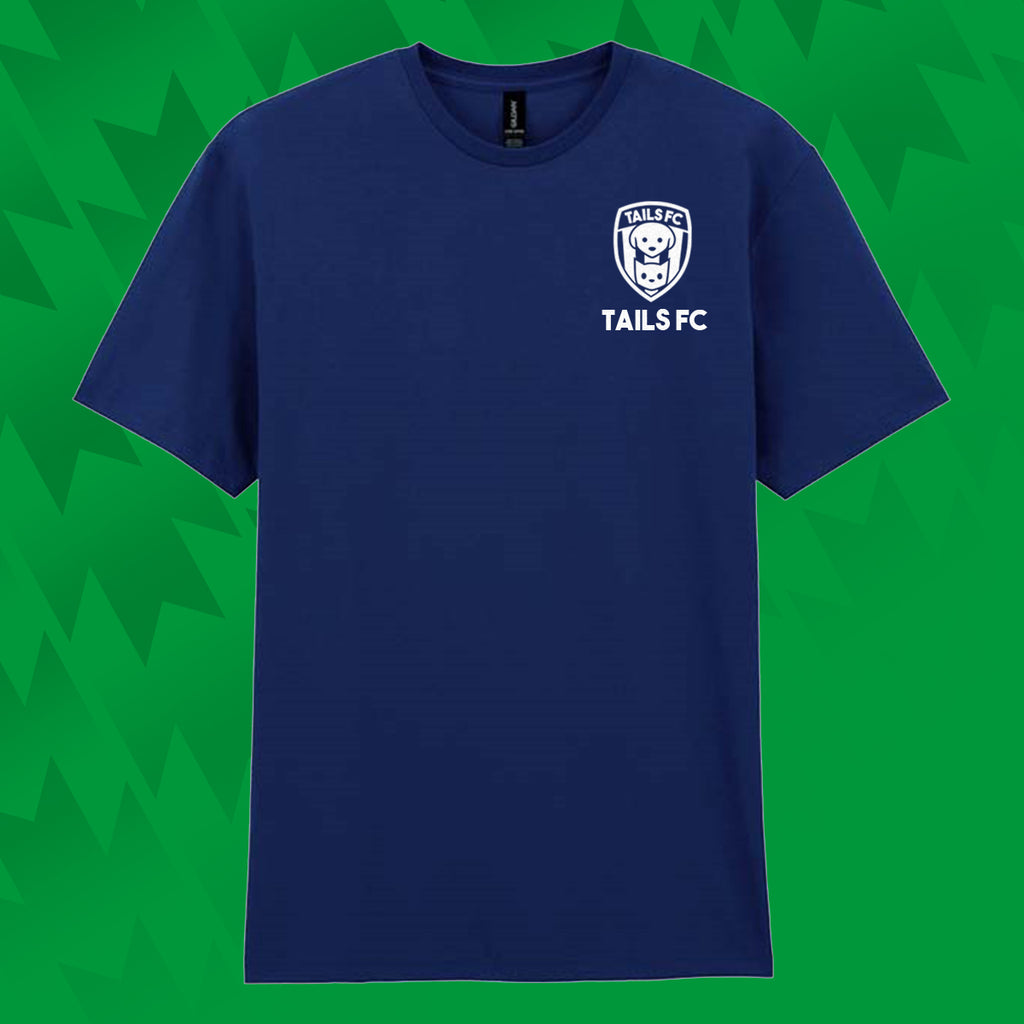 Blue t-shirt with 'TAILS FC' logo on a green background