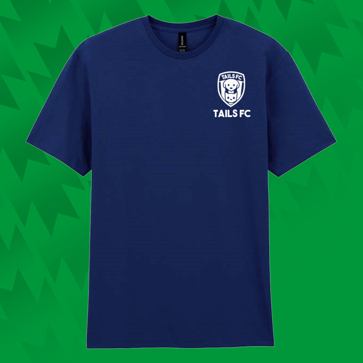 Blue t-shirt with 'TAILS FC' logo on a green background