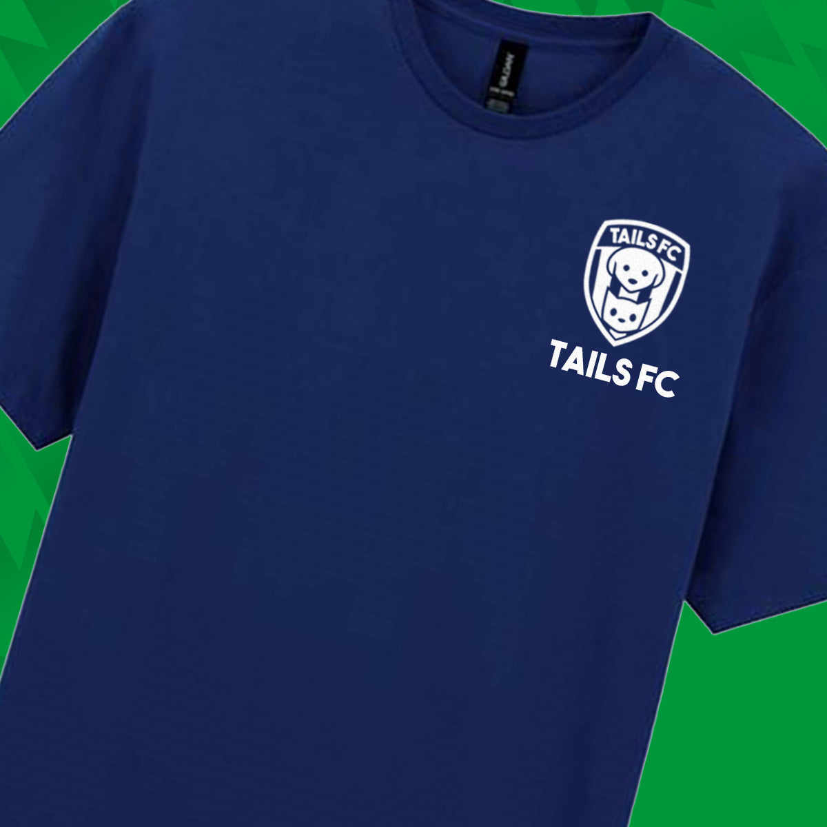 Navy blue t-shirt with 'TAILS FC' logo on a green background