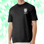 Person wearing a black t-shirt with 'TAILS FC' logo on a green and white abstract background