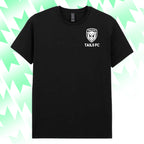 Black t-shirt with 'TAILS FC' logo on a green and white abstract background