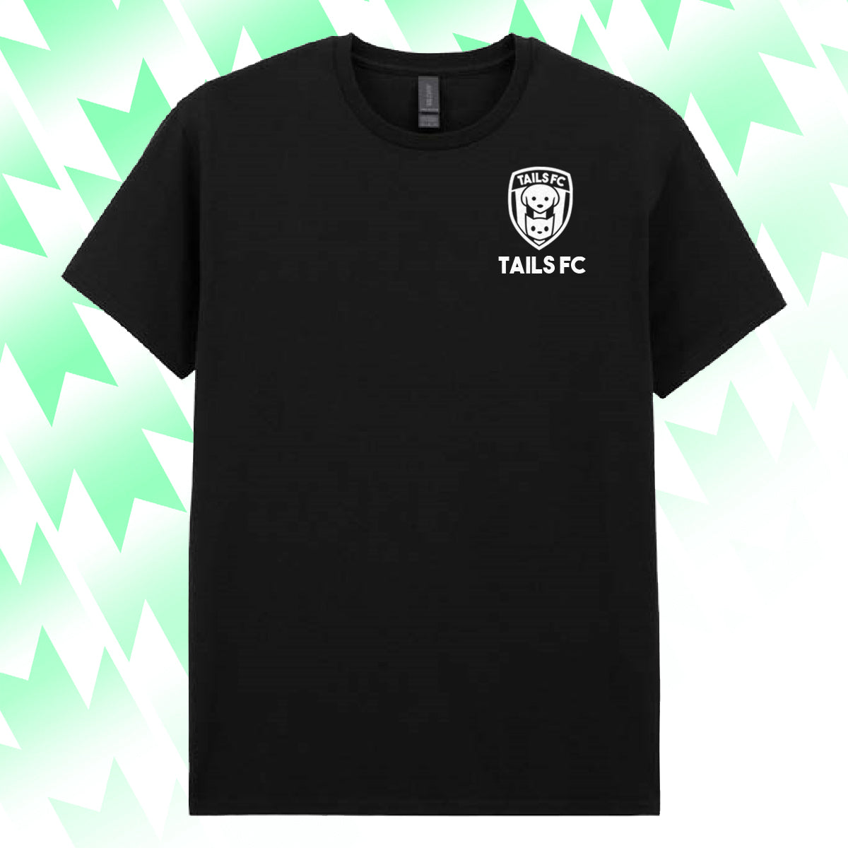 Black t-shirt with 'TAILS FC' logo on a green and white abstract background
