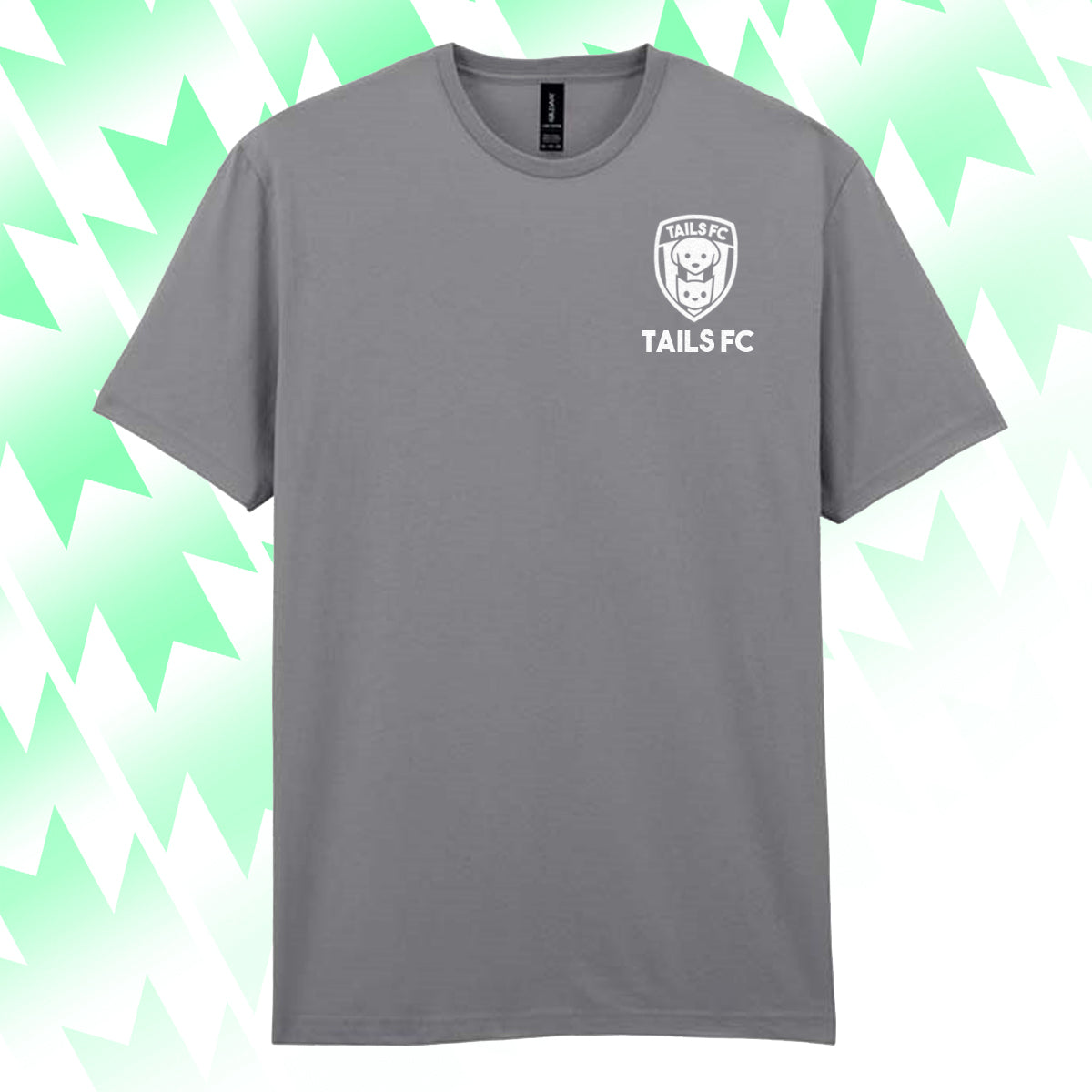 Gray t-shirt with 'TAILS FC' logo on a green and white abstract background