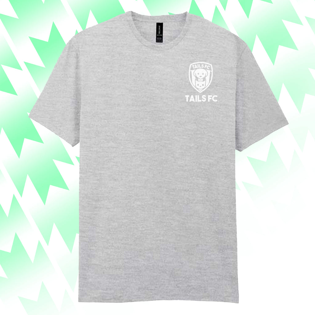 Gray t-shirt with 'TAILS FC' logo on a green and white abstract background