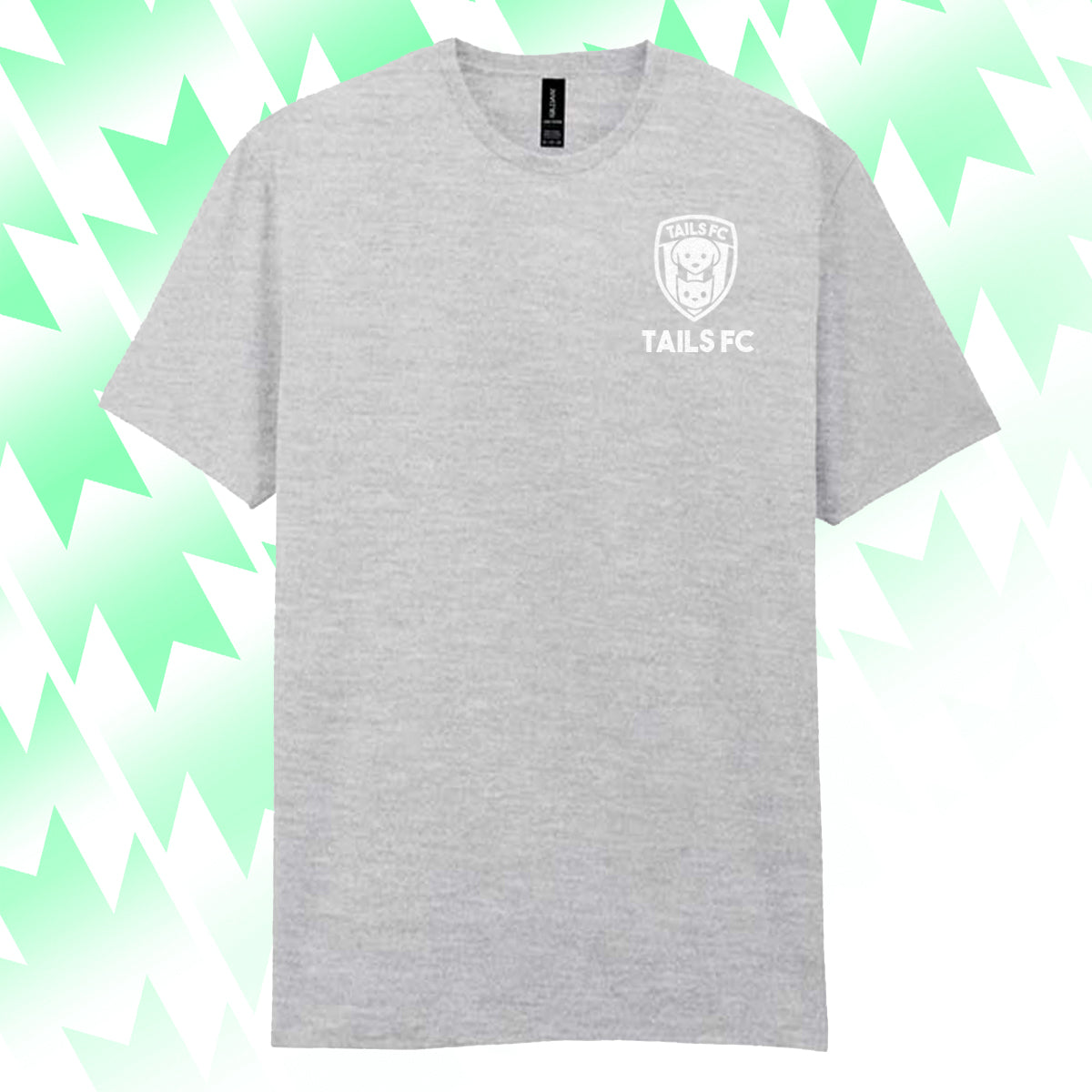 Gray t-shirt with 'TAILS FC' logo on a green and white abstract background