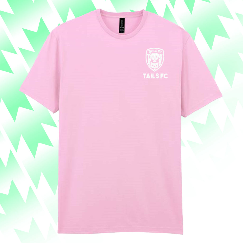Pink t-shirt with 'TAILS FC' logo on a green and white geometric patterned background