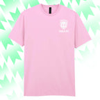 Pink t-shirt with 'TAILS FC' logo on a green and white geometric patterned background