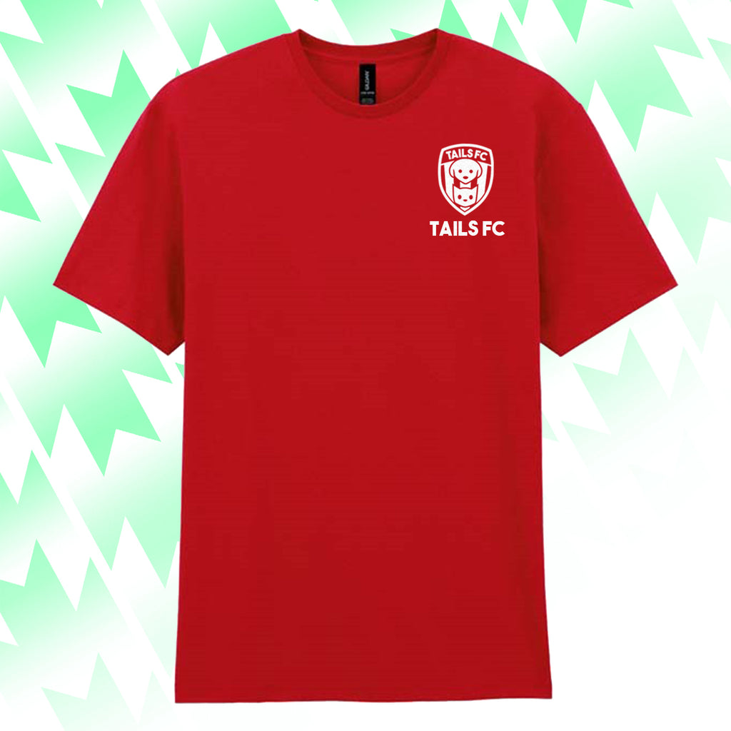 Red t-shirt with 'TAILS FC' logo on a green and white abstract patterned background