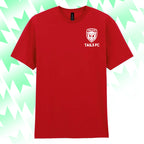 Red t-shirt with 'TAILS FC' logo on a green and white abstract patterned background