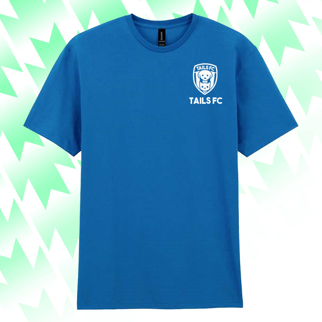 Blue t-shirt with 'TAILS FC' logo on a light green and white abstract pattern background