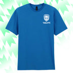 Blue t-shirt with 'TAILS FC' logo on a light green and white abstract pattern background