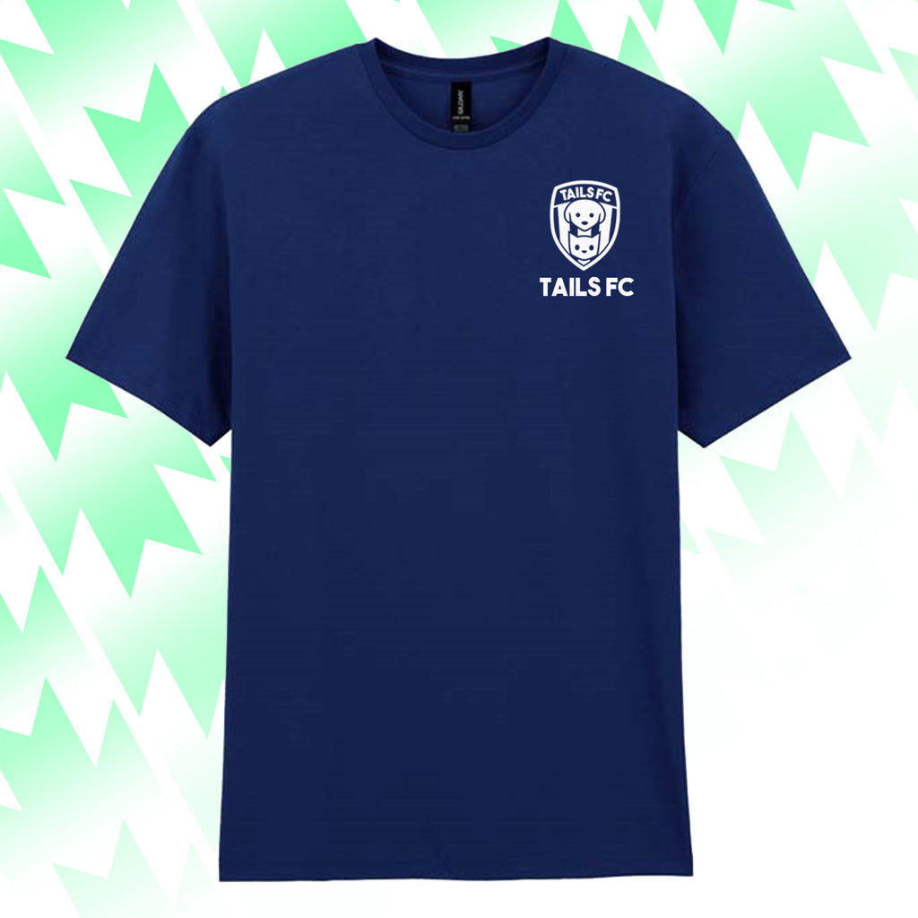Navy blue t-shirt with 'TAILS FC' logo on a green and white abstract pattern background