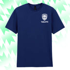 Navy blue t-shirt with 'TAILS FC' logo on a green and white abstract pattern background