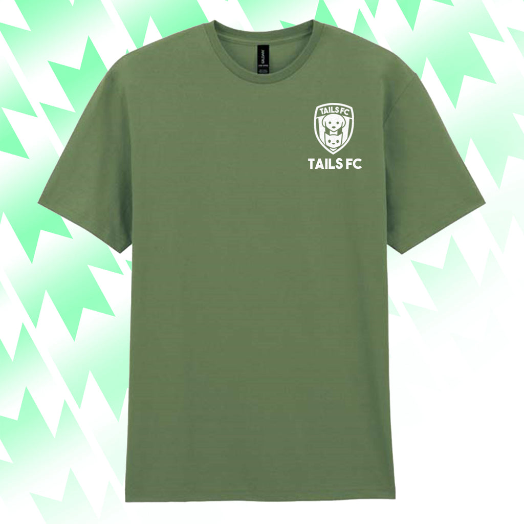 Green t-shirt with 'TAILS FC' logo on a green and white abstract background
