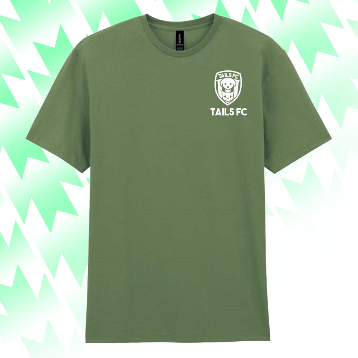 Green t-shirt with 'TAILS FC' logo on a green and white abstract background