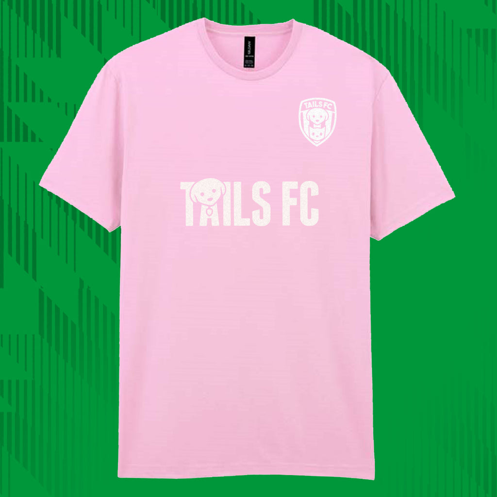 Pink t-shirt with 'Tails FC' text and logo on a green background