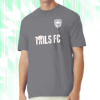 Man wearing a gray t-shirt with 'TAILS FC' text and logo on a white background