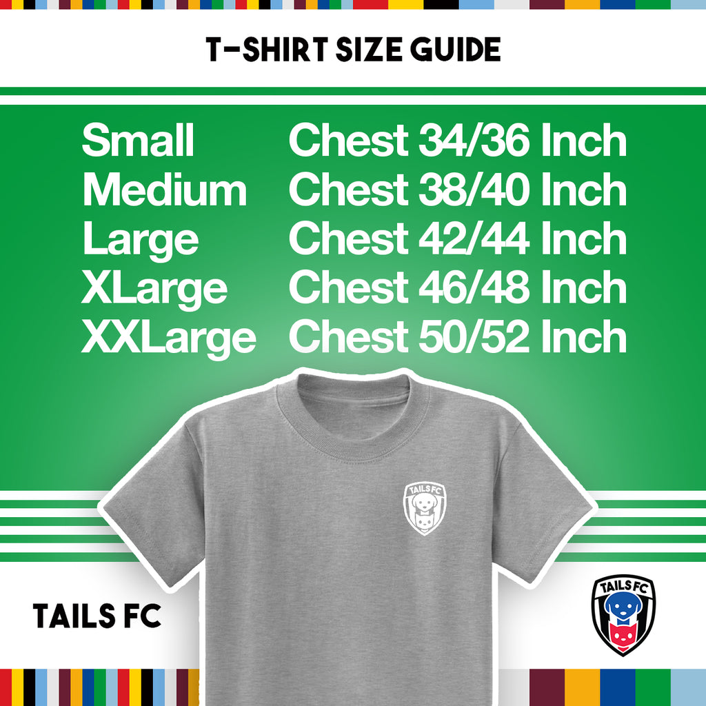 T-shirt size guide with TAILS FC logo on a green background