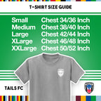 T-shirt size guide with TAILS FC logo on a green background