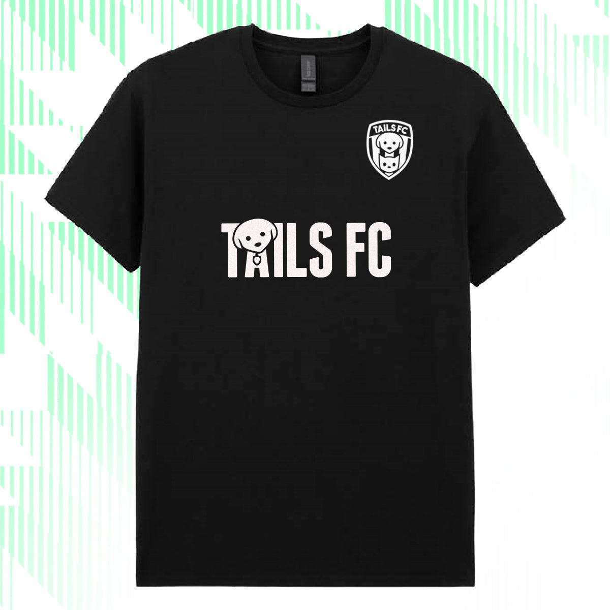 Black t-shirt with 'TAILS FC' logo on a white background