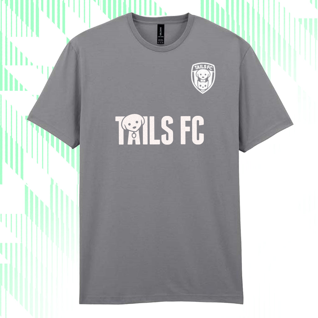Gray t-shirt with 'Tails FC' logo on a white background