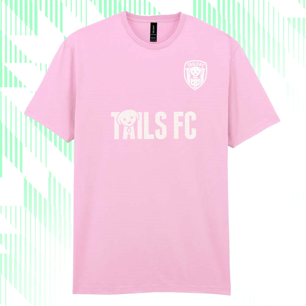 Pink t-shirt with 'Tails FC' logo on a multicolored background