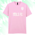 Pink t-shirt with 'Tails FC' logo on a multicolored background