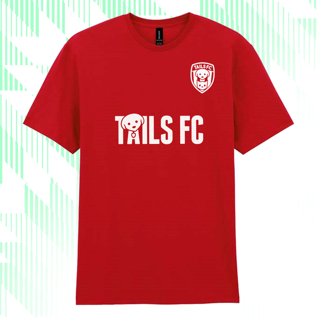 Red t-shirt with 'TAILS FC' text and logo on a white background