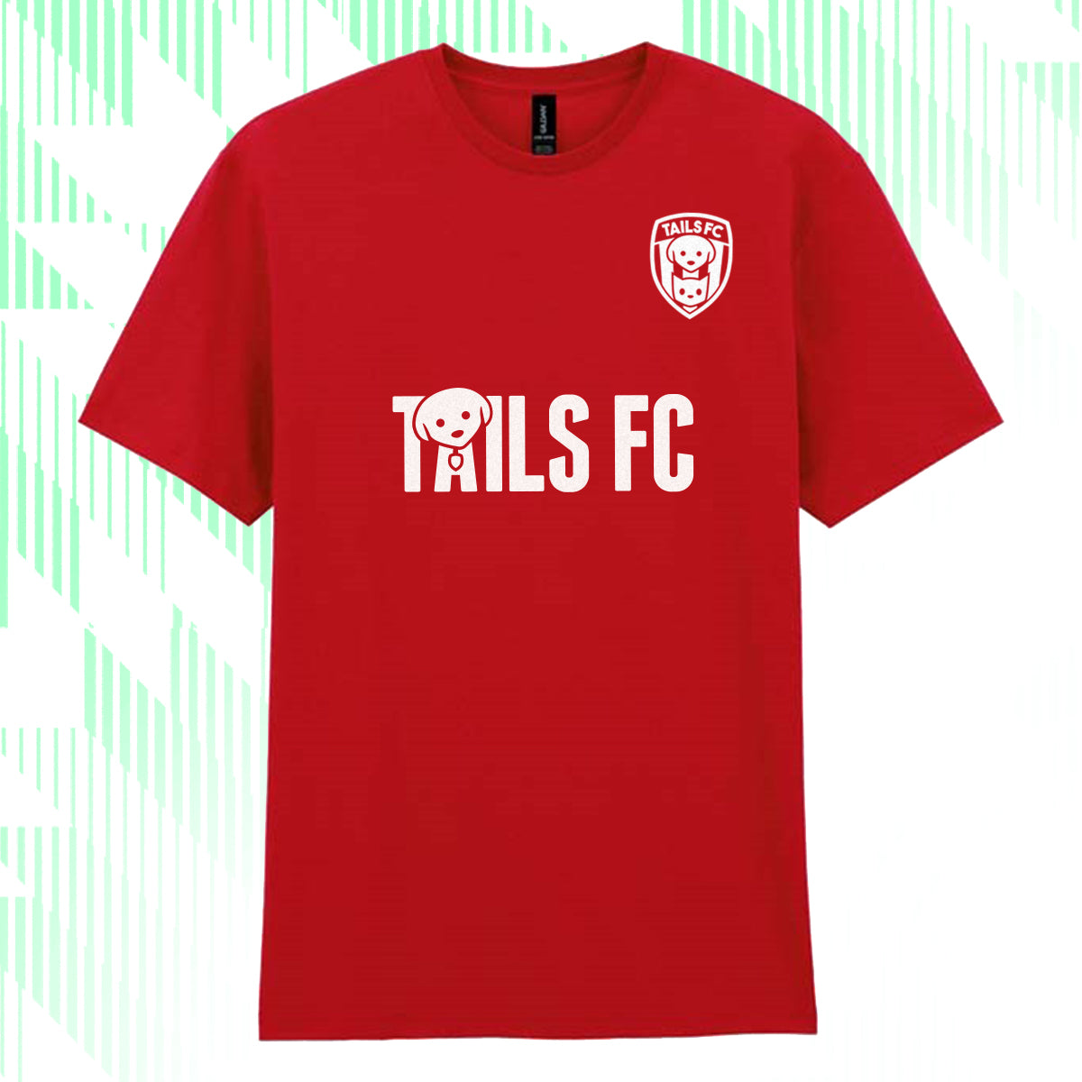 Red t-shirt with 'TAILS FC' text and logo on a white background