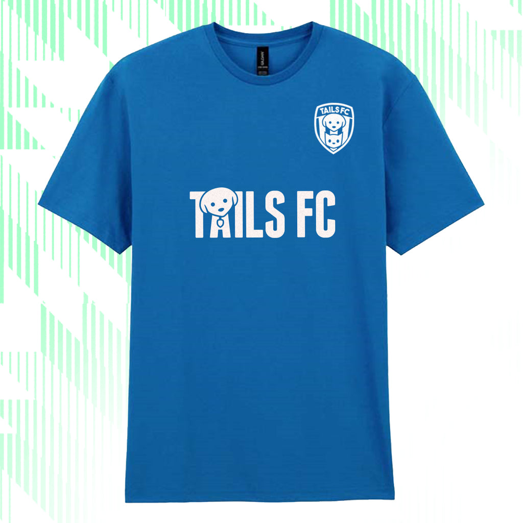 Blue t-shirt with 'TAILS FC' logo on a white background