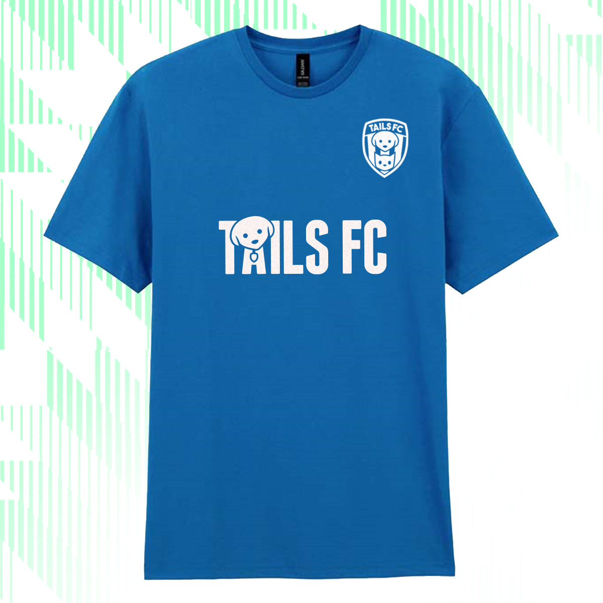 Blue t-shirt with 'TAILS FC' logo on a white background