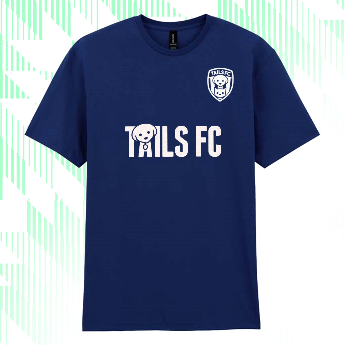 Navy blue t-shirt with 'TAILS FC' logo on a white background