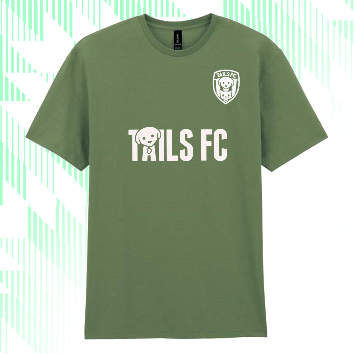 Green t-shirt with 'Tails FC' logo on a white background