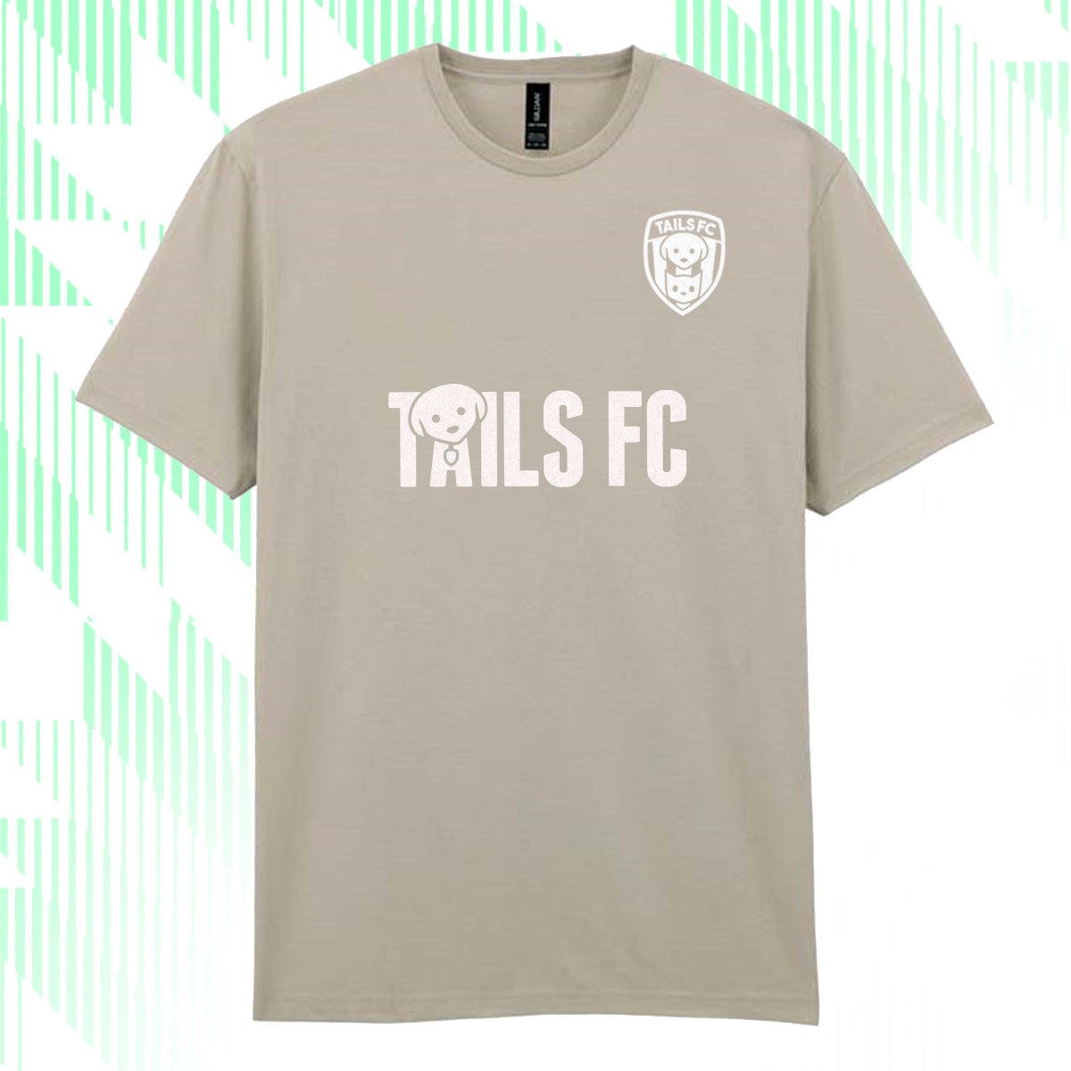 Beige t-shirt with 'Tails FC' logo on a light green background