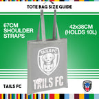 Gray tote bag with TAILS FC logo on a green background with size and strap information.