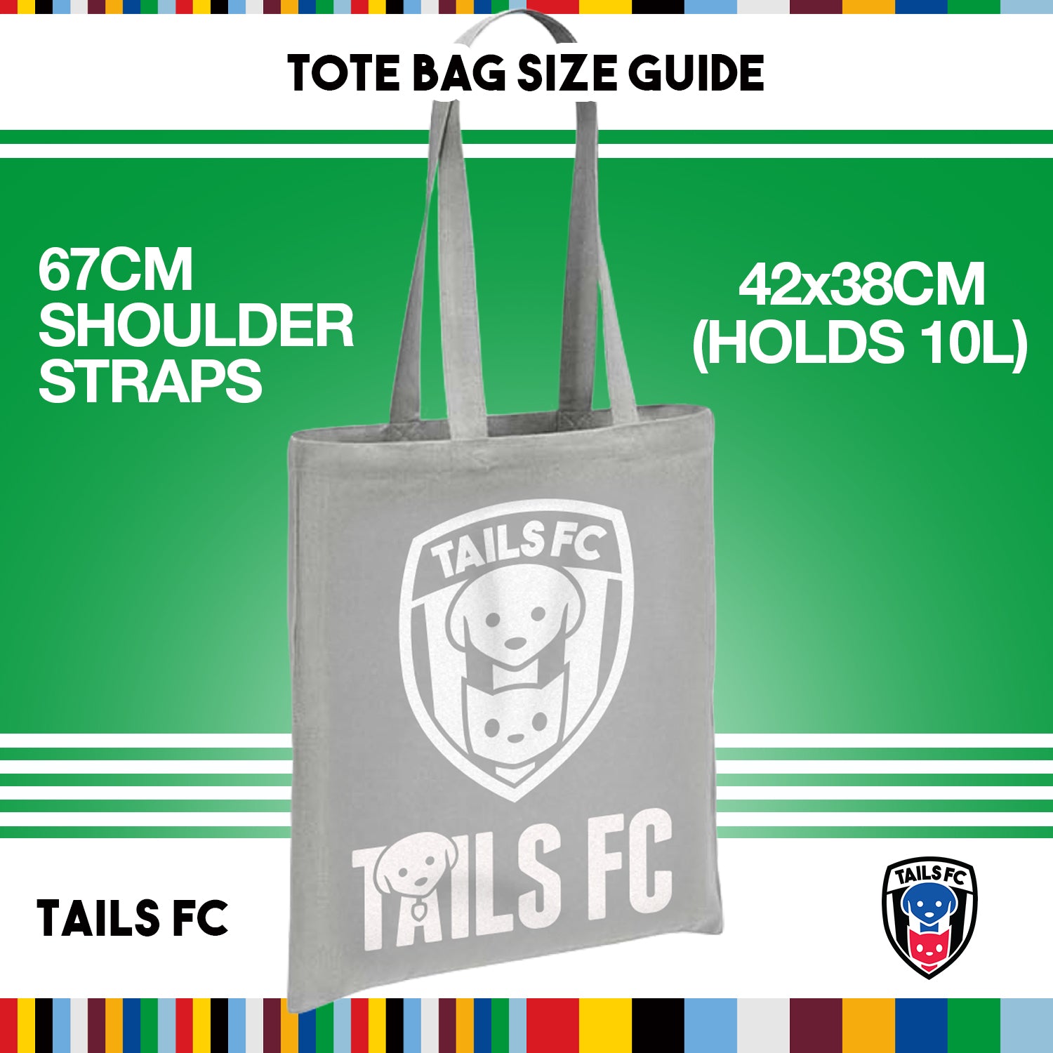 Gray tote bag with TAILS FC logo on a green background with size and strap information.